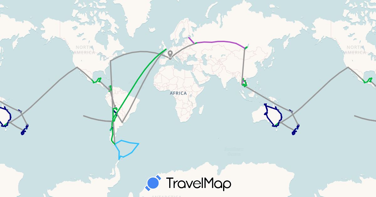 TravelMap itinerary: driving, bus, plane, train, hiking, boat, motorbike in Antarctica, Argentina, Australia, Bolivia, Belize, Chile, Colombia, France, South Georgia and the South Sandwich Islands, Cambodia, Laos, Mexico, New Caledonia, New Zealand, Russia, Thailand, United States (Antarctica, Asia, Europe, North America, Oceania, South America)